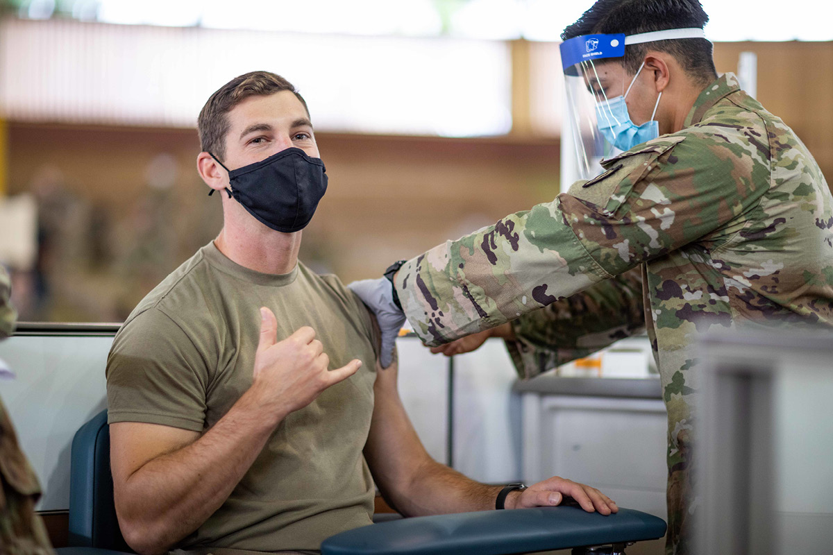 Cpt. Jerrod Olson receives a COVID-19 vaccine at Schofield Barracks, Hawaii on Jan. 14, 2021. Army photo by 1st Lt. Angelo Mejia